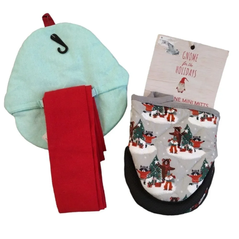 Christmas Themed Pot Holder Towel‎ Set & Mini Mitts Kitchen Bundle NWT
